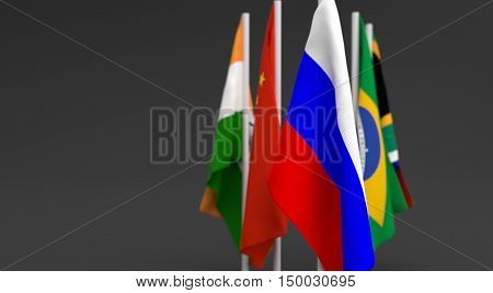 Illustration 3D Render, Flags Of The Five Countries Of The Brics