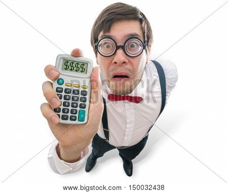Funny and crazy accountant is showing calculator. View from top. Isolated on white background.
