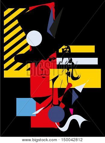 Modern girl black background cubism. Vector illustration.