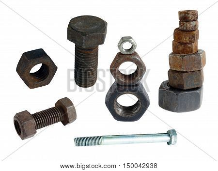 old rusty bolts and nuts with thread and shiny new. isolated on white background without shadows. easy to cut.