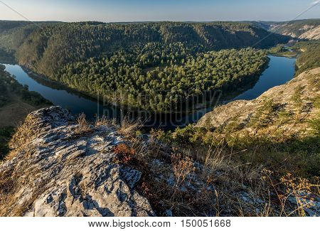 Bashkortostan Russia. The White river in the southern Ural mountains at sunrise.