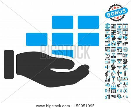 Schedule Service Hand pictograph with bonus calendar and time management icon set. Vector illustration style is flat iconic bicolor symbols, blue and gray colors, white background.