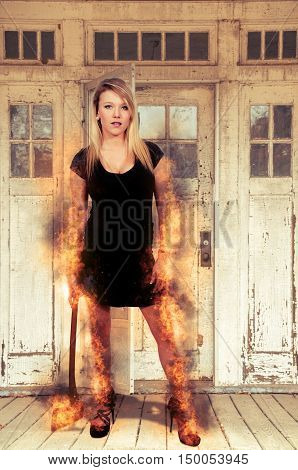 Beautiful possessed woman in a trance holding an axe