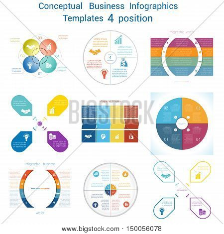 Set Vector templates Infographics business conceptual cyclic processes for four positions text area possible to use for pie chart workflow banner diagram web design timeline area chart