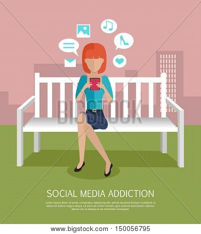 Social media addiction banner. Woman with smartphone sitting on wooden bench in the park. 