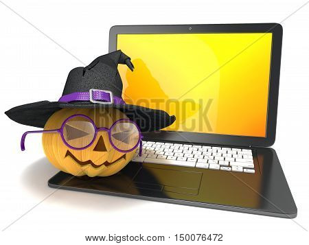 Laptop with funny Jack O Lantern and Halloween witch hat. 3D render illustration isolated on white background