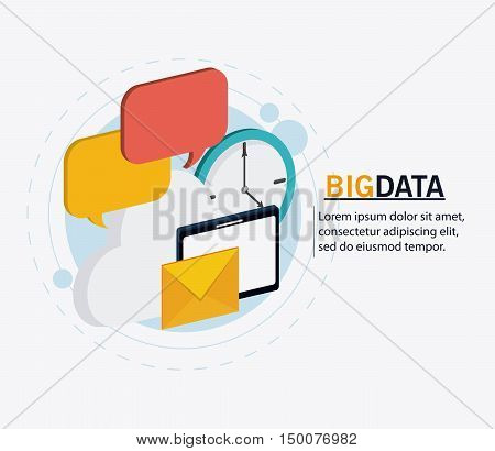 Tablet envelope cloud bubble and clock icon. Big data center base and web hosting theme. Colorful design. Vector illustration