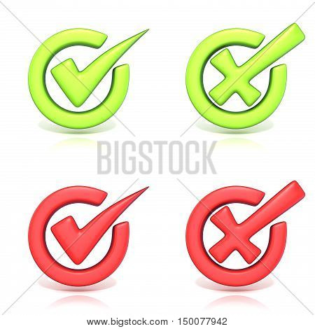 Correct and incorrect check marks in circle. 3D render illustration isolated on white background