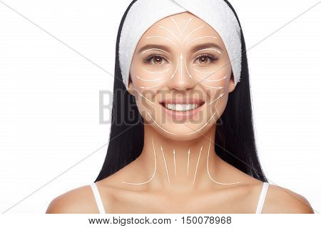 Closeup Happy Woman in Hairband, her Face with a Perfectly Clean Skin. Happy Woman after Bath with Clean Perfect Skin. Skin Care, Cosmetics and Makeup Concept.