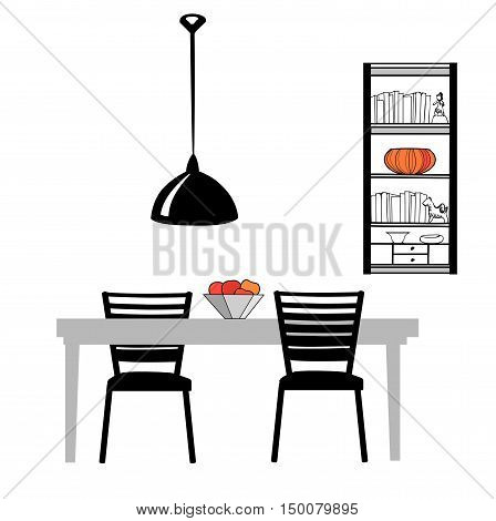 Kitchen furniture set: table chairs lamp and cupboard Dining Room Interior Vector Illustration