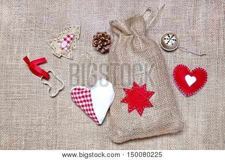 Vintage Christmas decoration on a burlap background