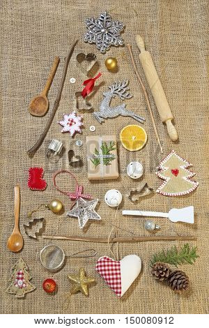 Christmas tree made by vintage items and Christmas ornaments
