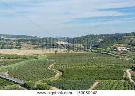 Obidos Portugal. 30 September 2016. view of Obidos green fields around city walls Obidos is an ancient medieval Portuguese village from the 11th century still inside castle walls. Obidos Portugal. photography by Ricardo Rocha.