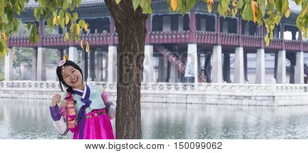 Seoul, South Korea - Sep 26, 2016: Beautiful Korean girl in traditional Hanbok dresses posing at Gyeongbokgung (Gyeongbok) Palace. The palace was the main royal palace of the Joseon dynasty