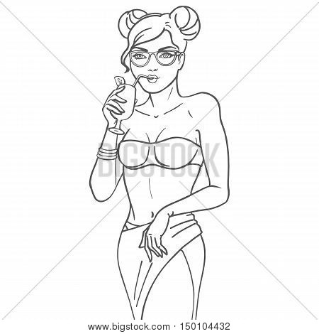 Vector illustration sketch doodle hand-drawn beautiful girl with glasses lemonade drink juice through a straw from a glass. Isolated on white background. Girl on the beach drinking cocktail.
