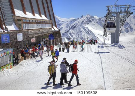 CAUCASUS RUSSIA - May 01.2015 : Supports gondola of aerial lift on a mountain Elbrus. First level