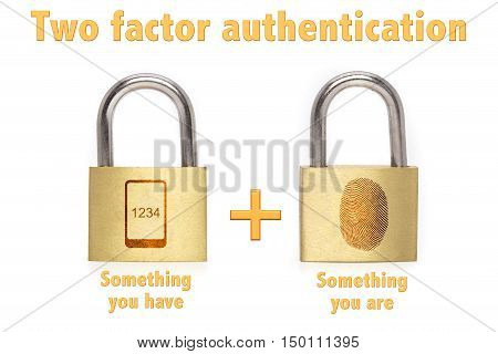 Two factor authentication concept with two padlocks isolated on white and the phrase something you know and have and a mobile plus fingerprint icon