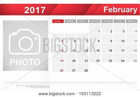 Year 2017 February month simple and clear design calendar template vector illustration eps10