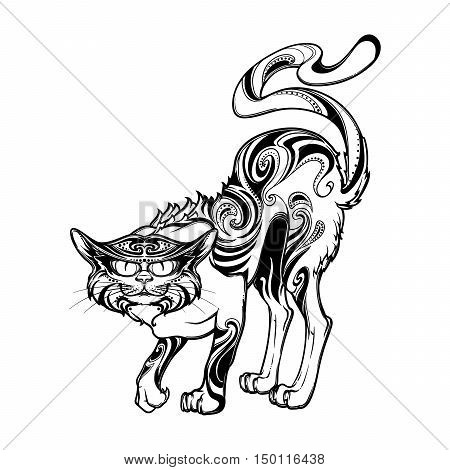 Halloween illustration. Cat with ornament isolated on white background. Intricate hand drawing. Halloween concept design. T-shirt print. Tattoo design. EPS10 vector illustration.