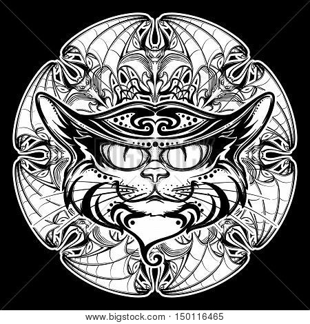 Halloween illustration with black cat head on circular ornament of bat wings. Intricate hand drawing. Halloween concept design. T-shirt print. Tattoo design. EPS10 vector illustration.