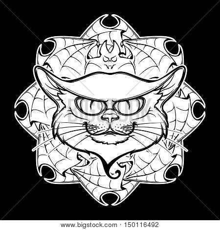 Halloween illustration with black cat head on circular ornament of bat wings. Intricate hand drawing. Halloween concept design. T-shirt print. Tattoo design. EPS10 vector illustration.