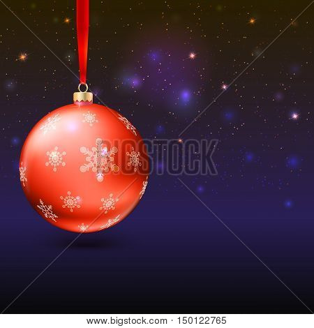 Christmas balls on the background with flash and Merry Christmas lights. Realistic vector bright balls with snowflakes. Greeting card with place for your text, editable eps 10