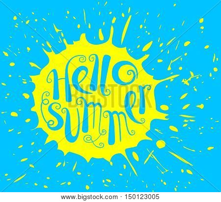 Hello summer lettering composition. Inspirational quote with hand-drawn artistic letters. Line art doodle vector illustration with sun silhouette. Design element for seasonal posters t-shirts and greeting cards