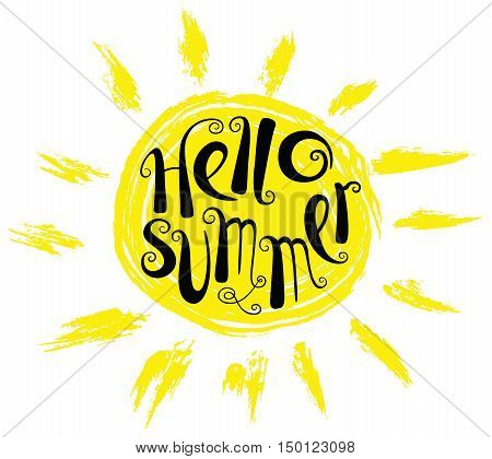Hello summer lettering composition. Inspirational quote with hand-drawn artistic letters. Line art doodle vector illustration with sun silhouette. Design element for seasonal posters t-shirts and greeting cards