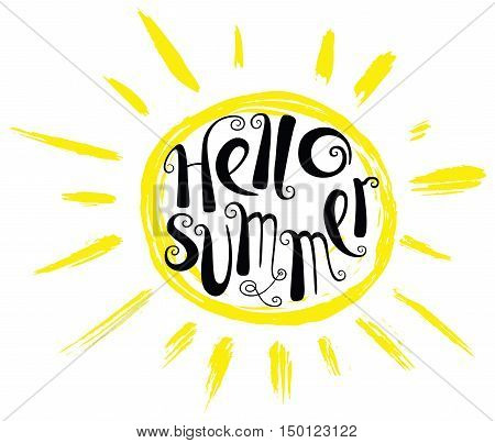 Hello summer lettering composition. Inspirational quote with hand-drawn artistic letters. Line art doodle vector illustration with sun silhouette. Design element for seasonal posters t-shirts and greeting cards