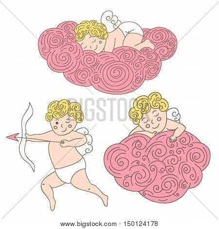 Set of three hand drawn sleeping angels on clouds. Colorful angels isolated object. Vector Illustration