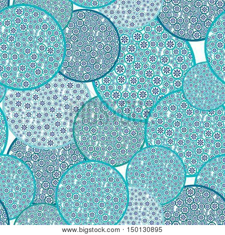 Turquoise and aqua color circles filled with flowers. Seamless pattern.