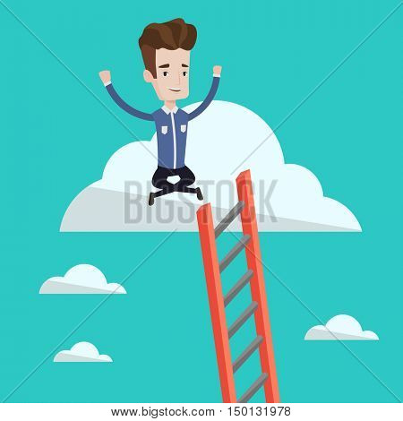 Young happy businessman with rised hands sitting on the cloud with ledder. Successful businessman relaxing on the cloud. Concept of success in business. Vector flat design illustration. Square layout.