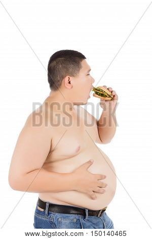A fat man has big belly eating hamburger or junk food on white background isolated and include path