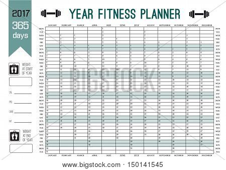 Year Wall Planner template. Plan out your whole fitness year with this calendar. Vector Design for fitness, sport and diet.