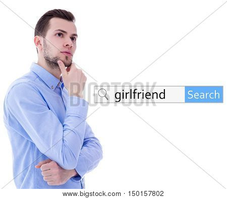 internet and online dating concept - search bar and man dreaming about girlfriend isolated on white background