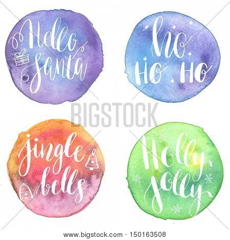 Set of Greeting Christmas cards with hand-drawn typography lettering phrases: Holly Jolly, HoHoHo, Hello santa, Jingle bells on watercolor painted circle background. Holiday  sticker, or poster design