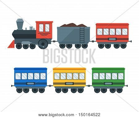 Vintage Retro Transportation Train. Locomotive with Wagons Set. Flat Design Style. Vector illustration
