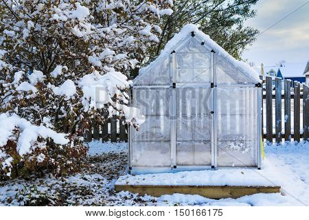 Little back yard home greenhouse in the snow.