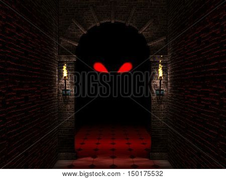Medieval castle arch with columns and torches haloween 3d illustration.