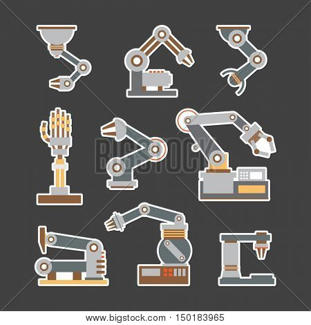 Set Robotic arm manufacture technology industry assembly mechanic flat decorative icons set isolated vector illustration. mechanical arm collector. machine arm robot for manufacture 