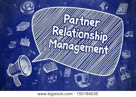 Speech Bubble with Phrase Partner Relationship Management Cartoon. Illustration on Blue Chalkboard. Advertising Concept.