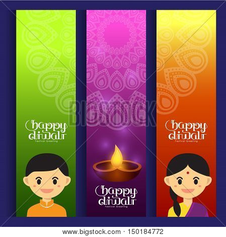 Set of Illustration for Diwali festival with Cute Indian boy and girl