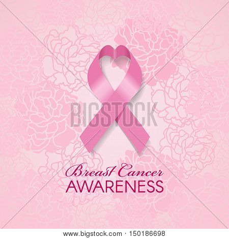 Breast cancer awareness with pink heart ribbon and soft pink rose abstract background vector illustration