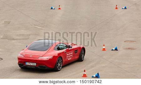 Kiev, Ukraine - OCTOBER 4, 2016: Mercedes Benz star experience. The interesting series of test drives. Presentation the new Mercedes-Benz GTs AMG