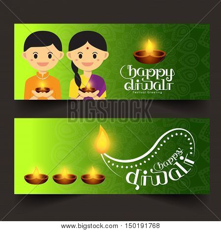 Set of Illustration for Diwali festival with Cute Indian boy and girl, Beautiful lamps