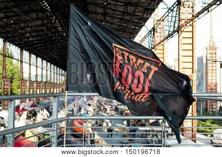 TURIN ITALY -JULY 01 2016: flag and view of the Street Food parade in Parco Dora park Turin Italy