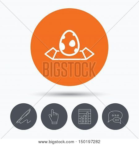 Dinosaur egg icon. Location map symbol. Pokemon egg concept. Speech bubbles. Pen, hand click and chart. Orange circle button with icon. Vector