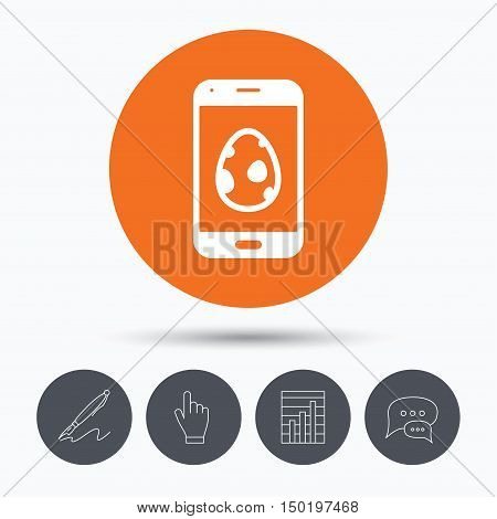 Dinosaur egg icon. Smartphone device symbol. Pokemon egg concept. Speech bubbles. Pen, hand click and chart. Orange circle button with icon. Vector