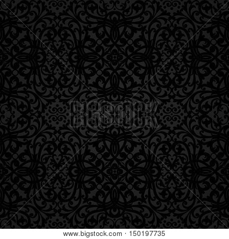 Vector seamless pattern with swirls and floral motifs in retro style. Dark background in Victorian style. It can be used for wallpaper pattern fills web page background surface textures.