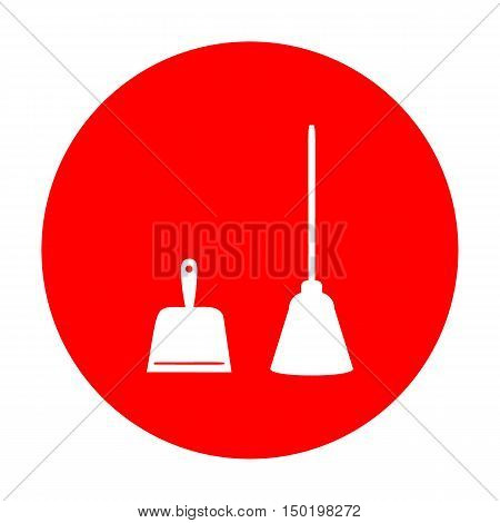 Dustpan Vector Sign. Scoop For Cleaning Garbage Housework Dustpan Equipment. White Icon On Red Circl